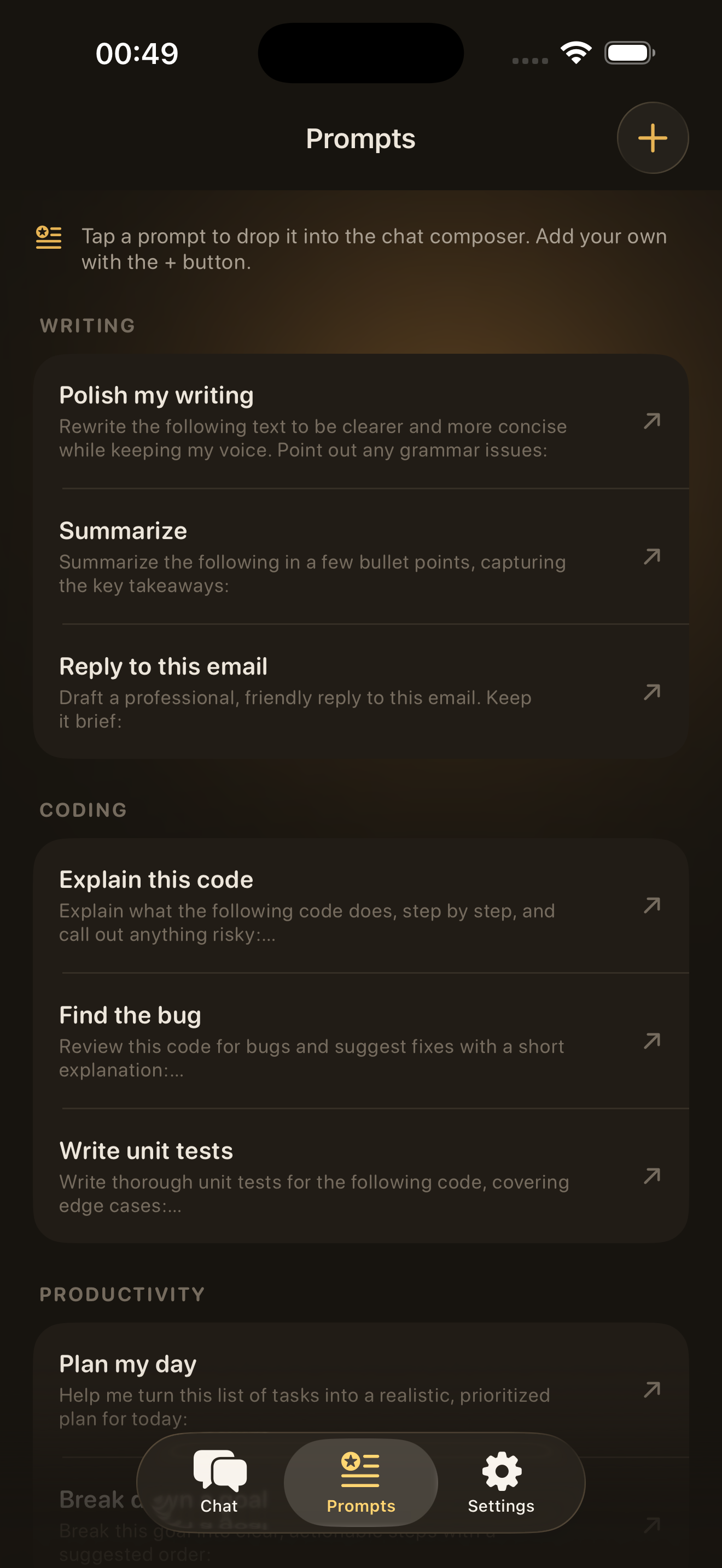 Ollama Mobile – Built-in prompts